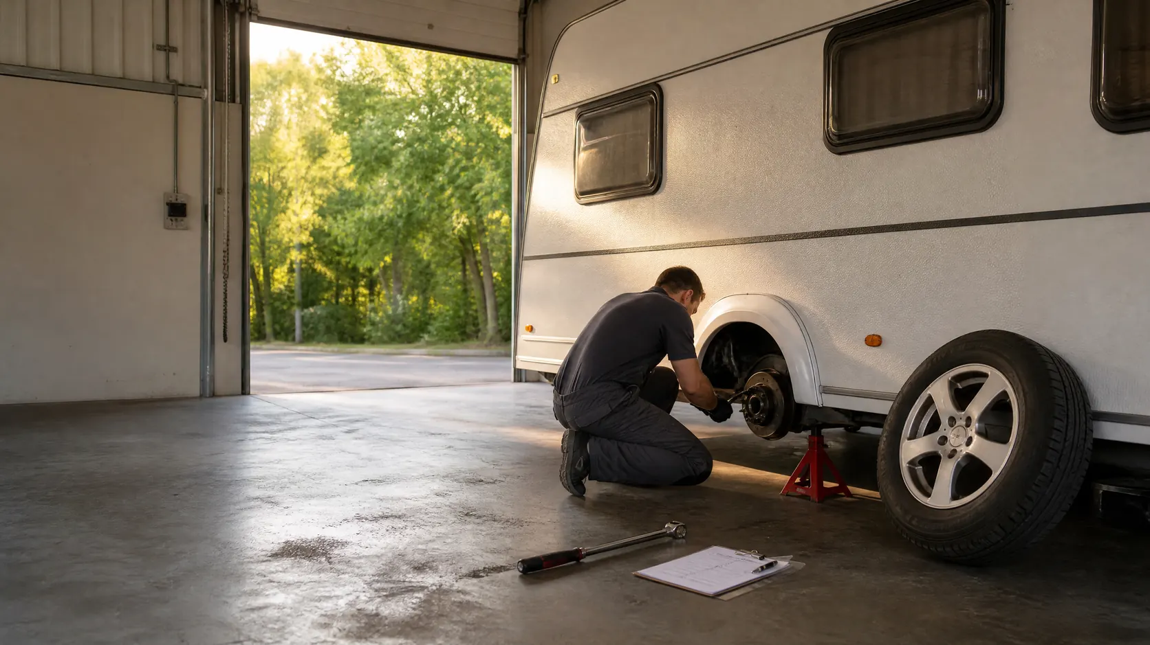 Mechaniker prüft Bremse und Radlager an einem aufgebockten Wohnwagen in der Werkstatthalle