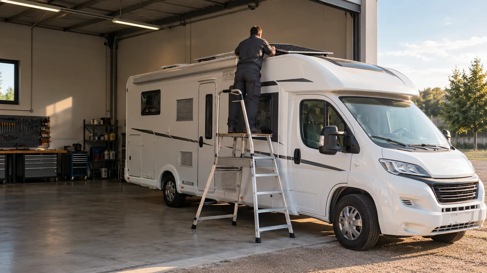 Mechaniker montiert ein Solarmodul auf dem Dach eines Wohnmobils vor der Werkstatthalle