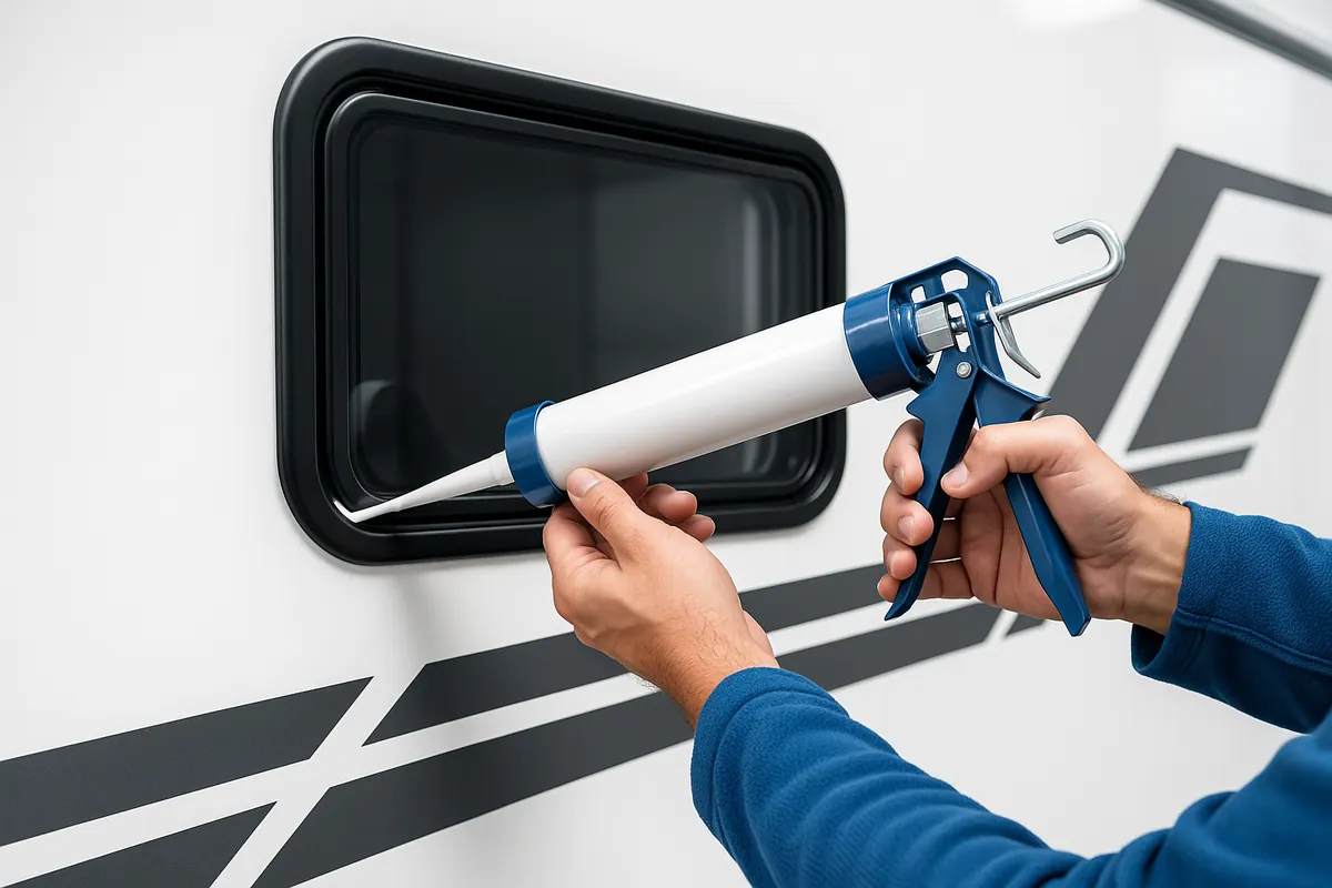 Fenster am Wohnwagen wird mit Dichtmasse neu abgedichtet