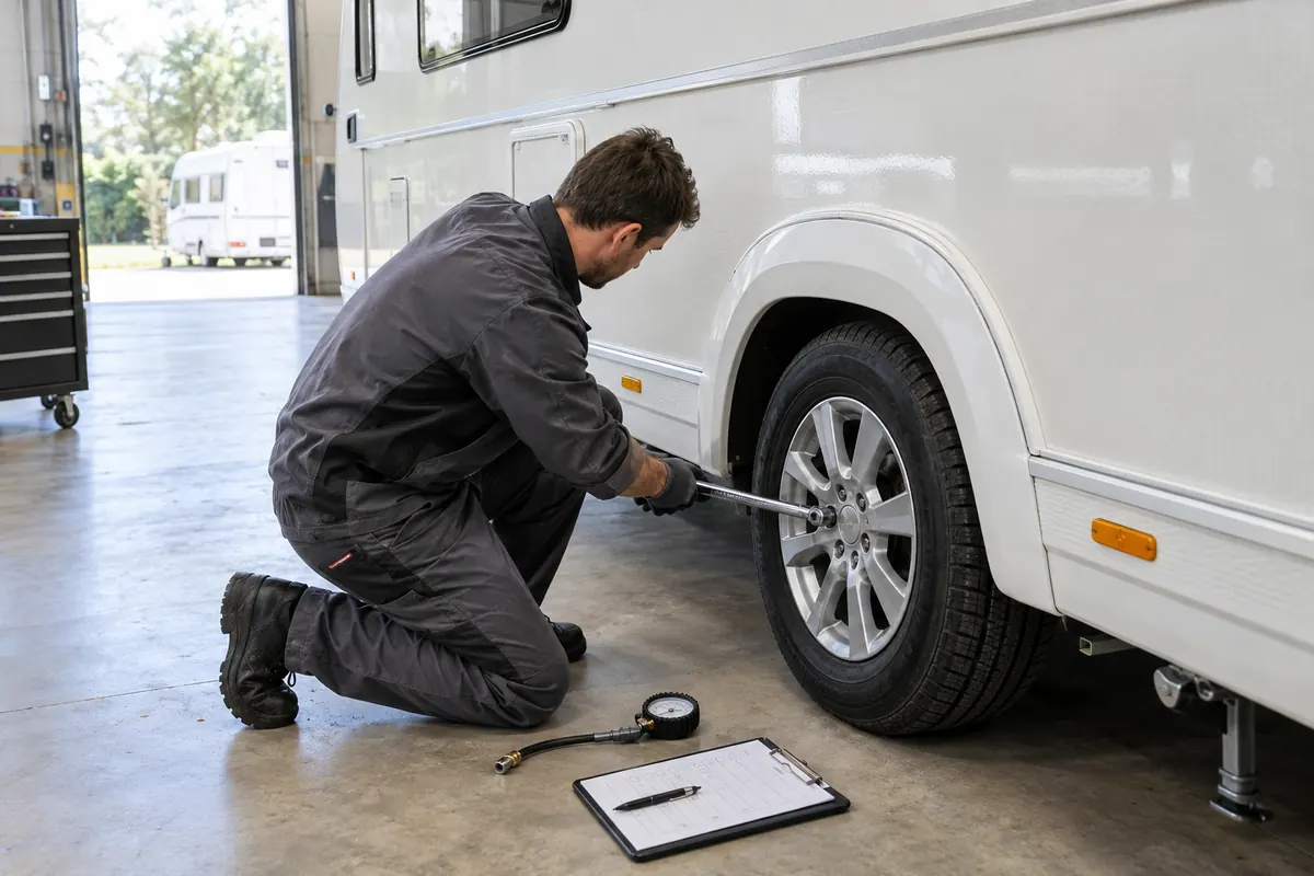Mechaniker prüft die Radschrauben eines Wohnwagens mit dem Drehmomentschlüssel