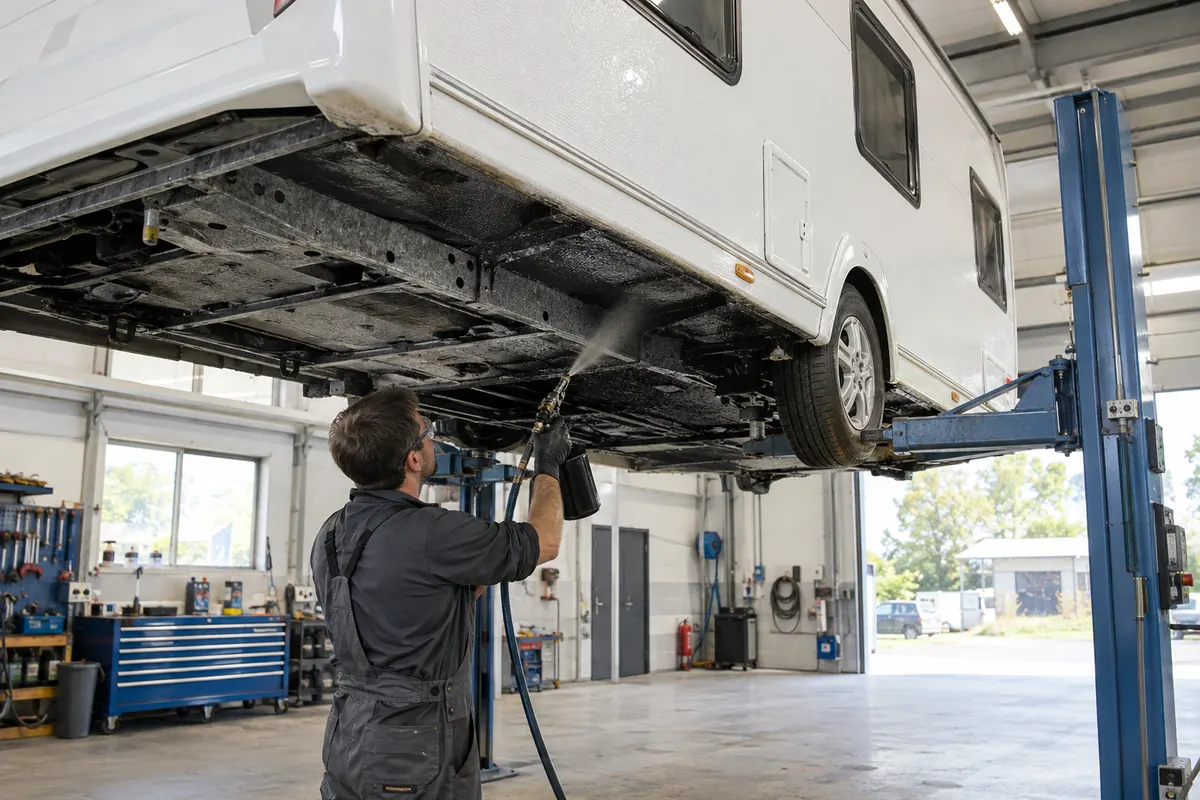 Wohnwagen auf der Hebebühne, der Unterboden wird mit Schutzbeschichtung eingesprüht