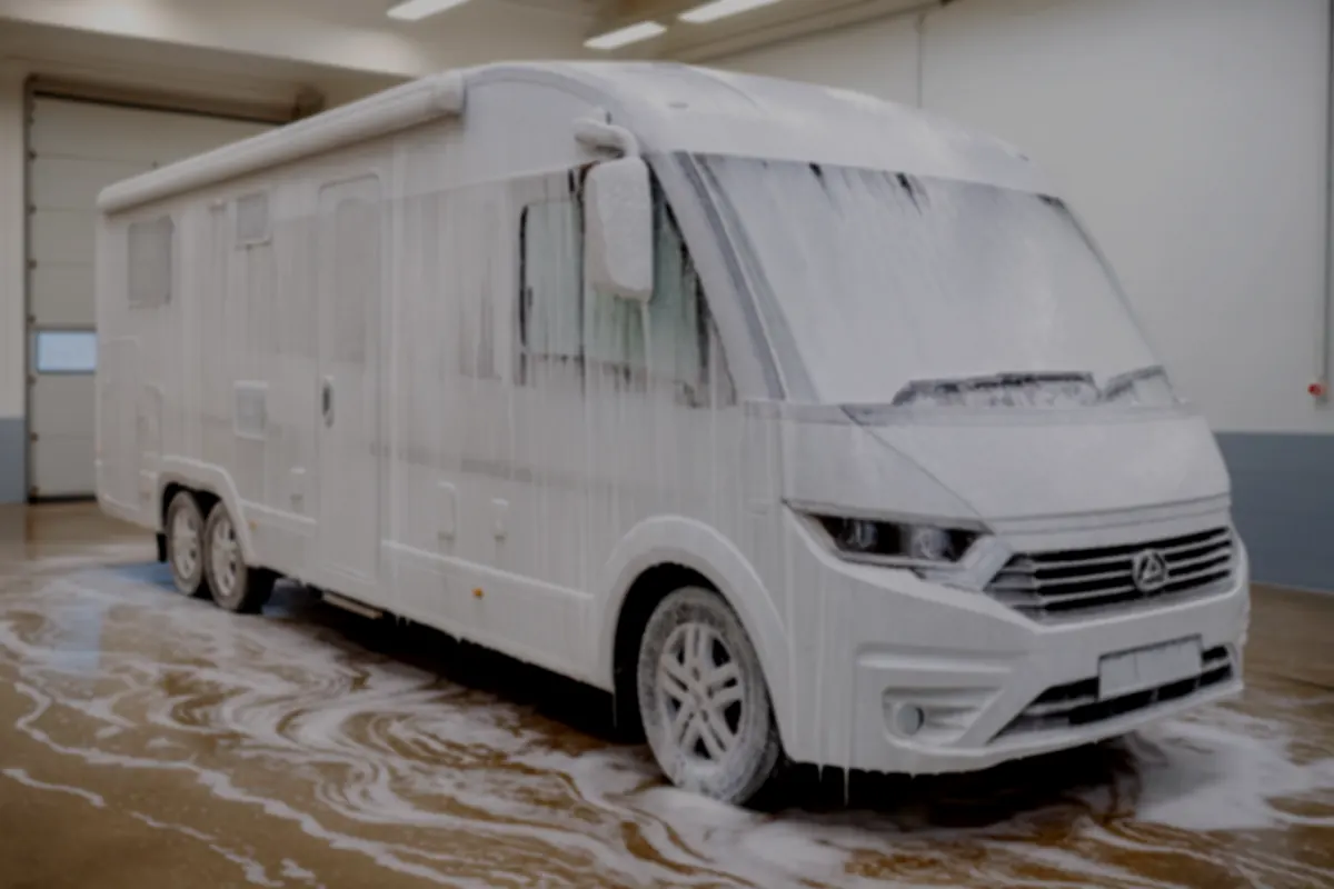 Wohnmobil mit Aktivschaum bei der Handwäsche in der Halle
